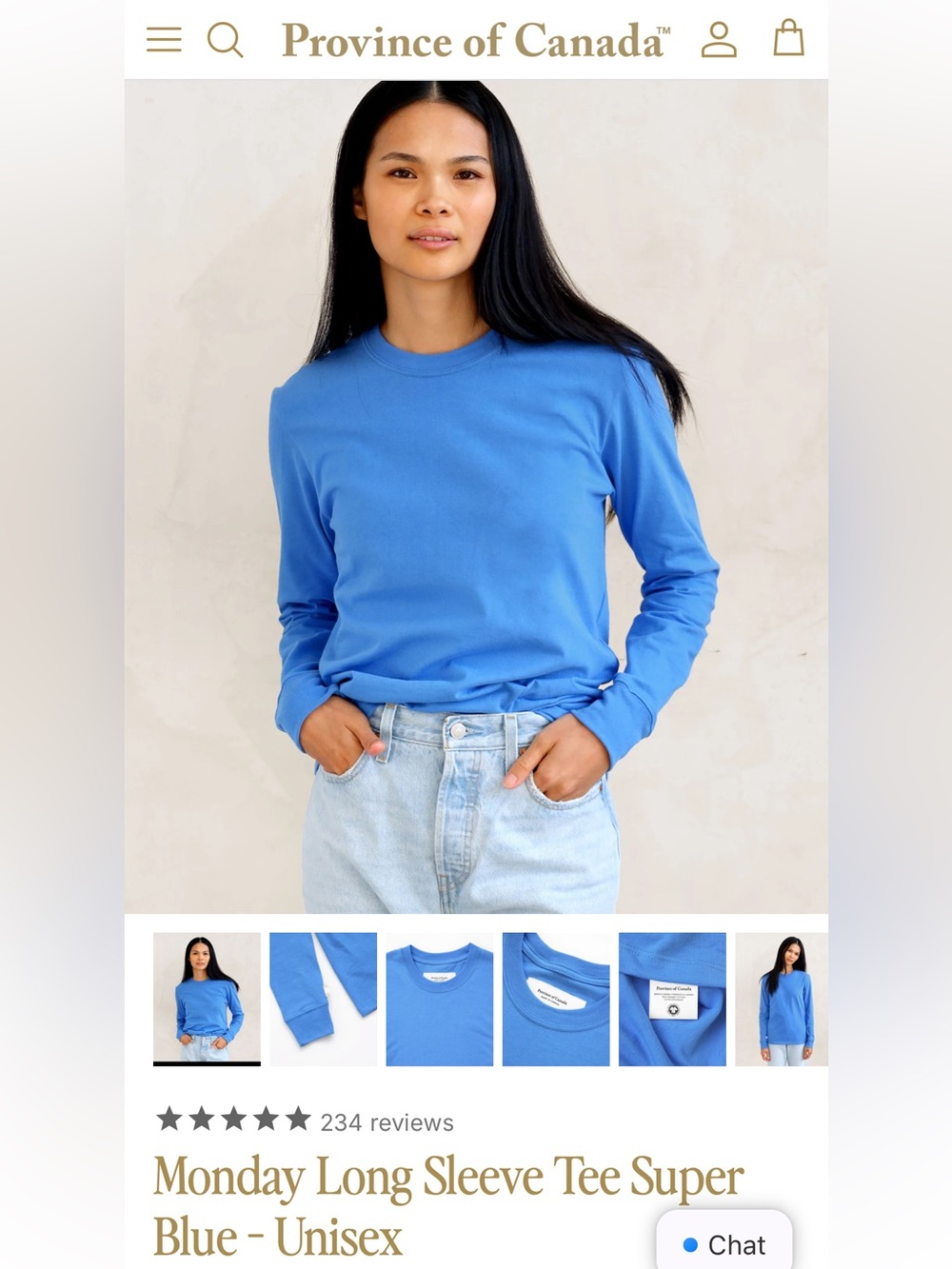 Province of Canada Monday Long Sleeve Tee — Super Blue & Organic Cotton